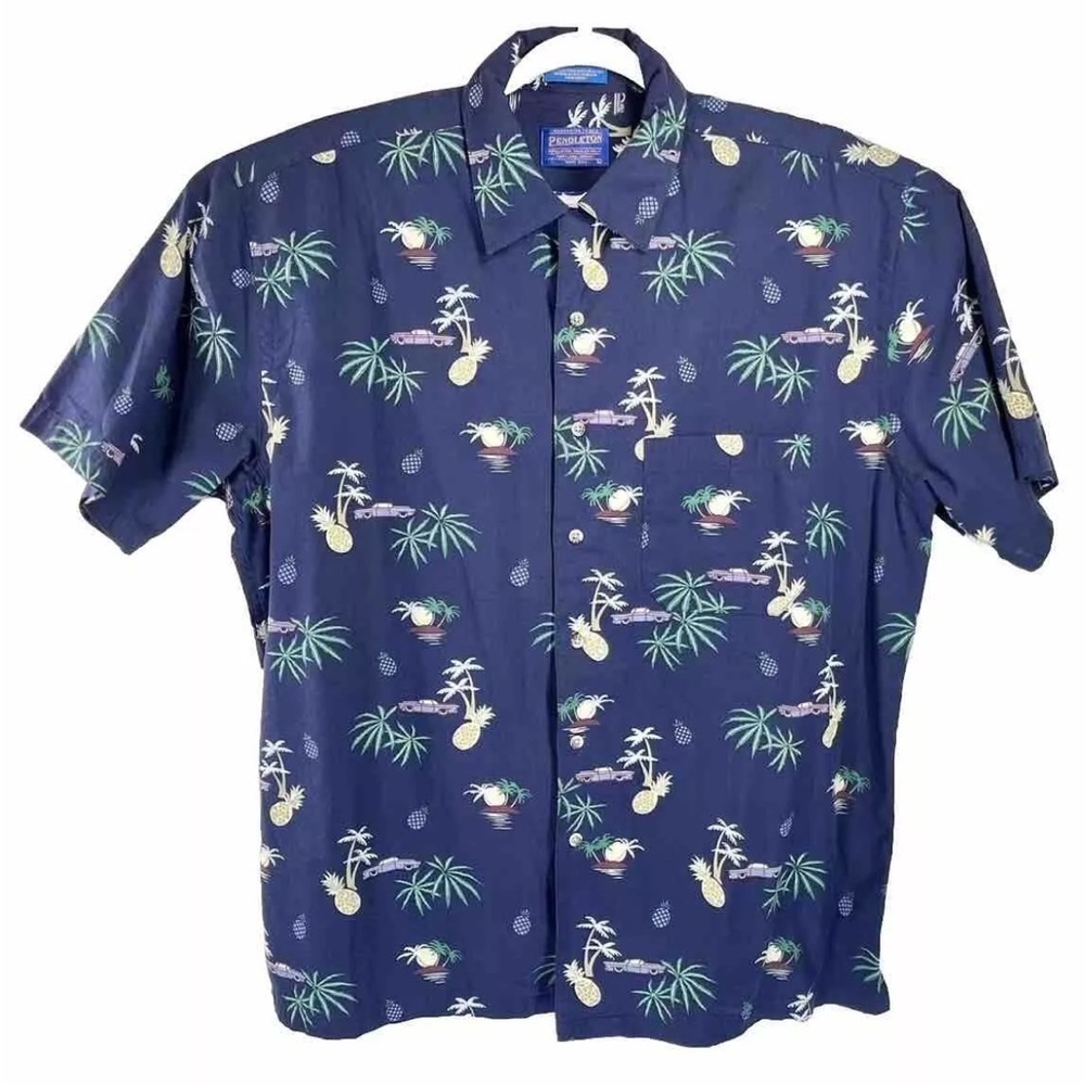 Pendleton Mens Large Hawaiian Camp Blue Button Shirt Palm Tree Pineapple Aloha